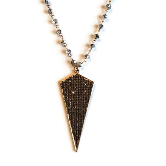 Gold Tone Paved Arrowhead Geometric Pendant On A Chain With Faceted Crystal Bead - Picture 1 of 4
